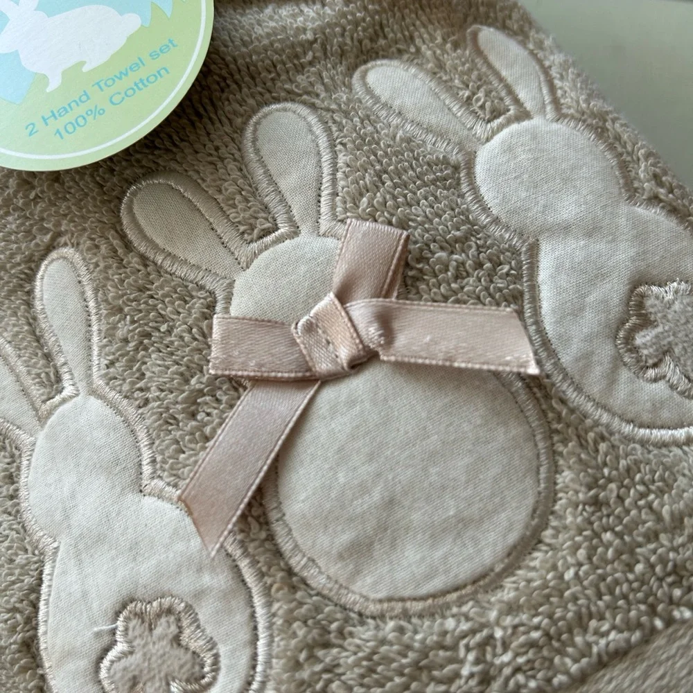 Cottage Farmhouse Boho Easter Spring bunnies beige cotton hand towels